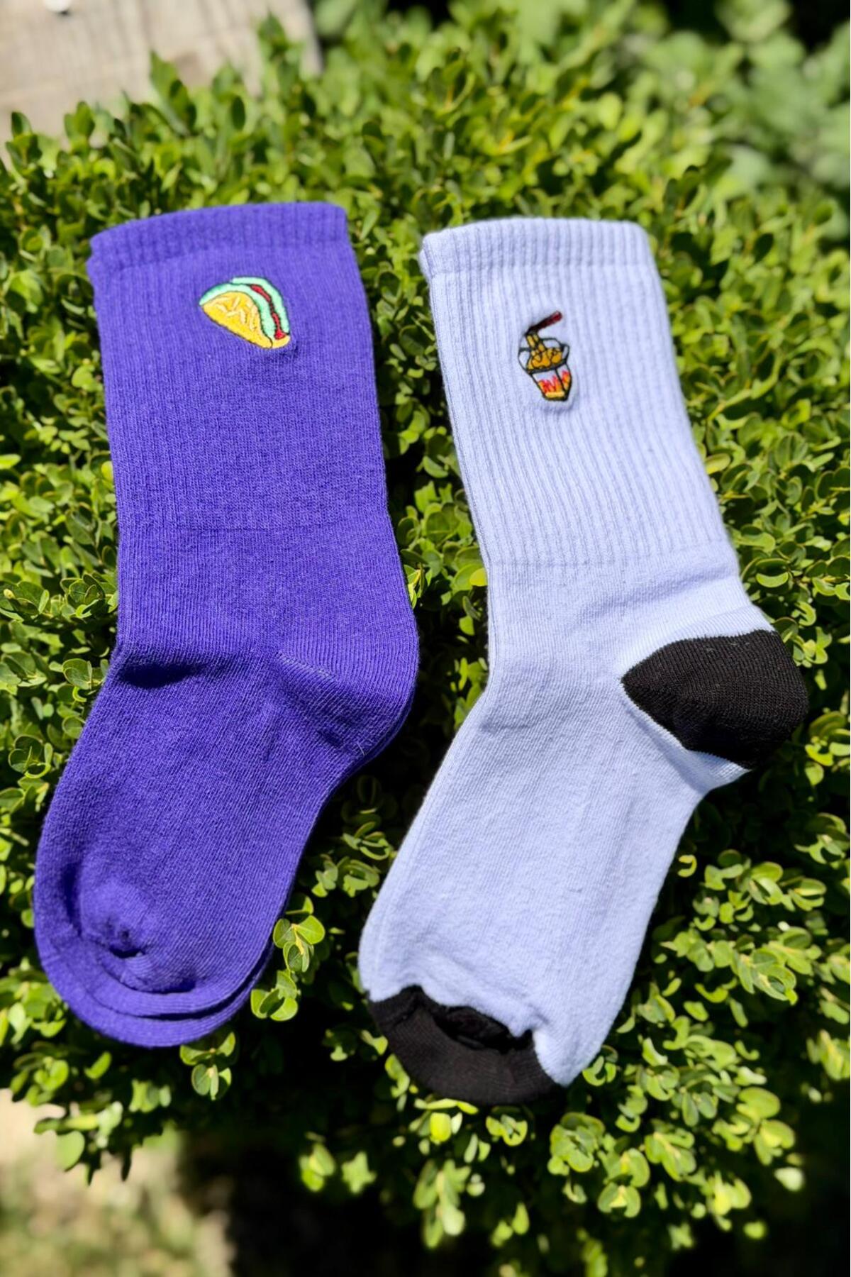 Unisex Taco ve Patates Nakışlı 2'li Tenis Spor Çorap