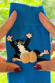 Unisex Lacivert Sırtüstü Kedi Desenli Ponpon Soket Çorap