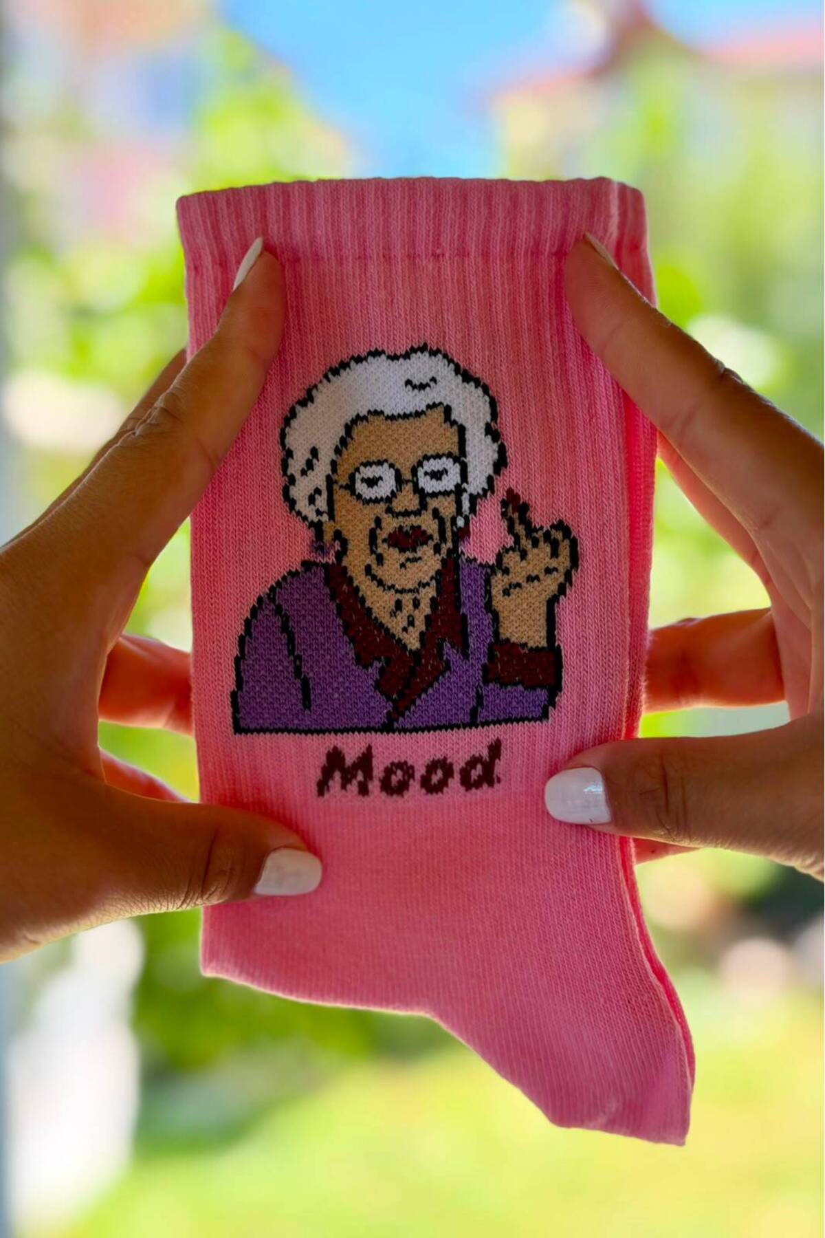 Unisex Grandma Mood Desenli Pembe Tenis Çorap