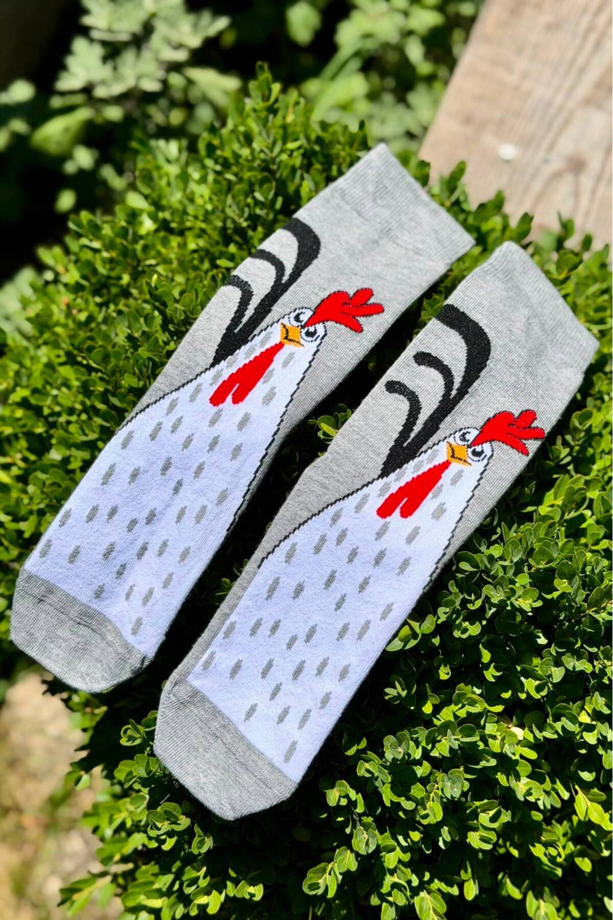 Unisex Gri Horoz Desenli Soket Çorap