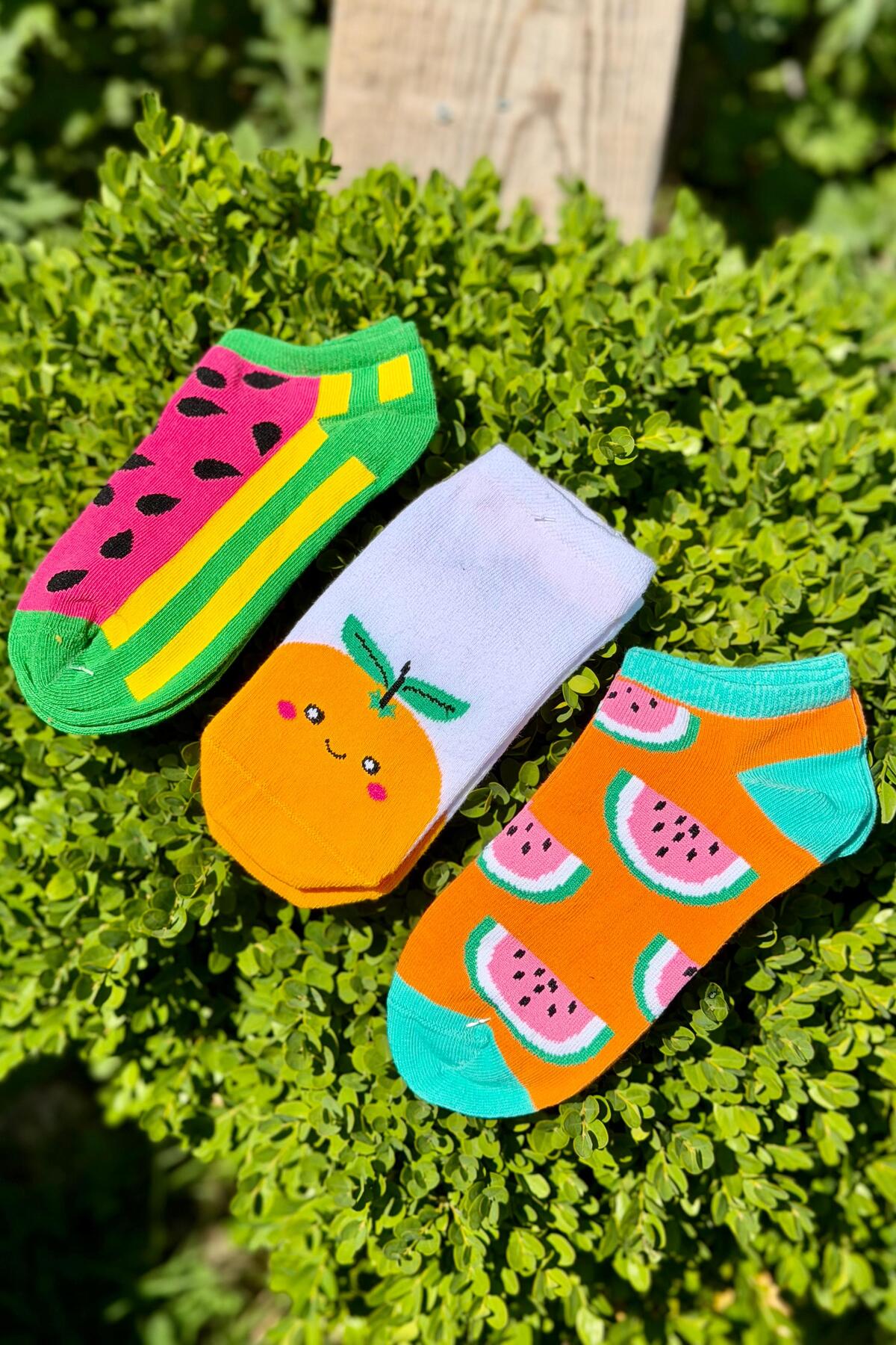 Unisex 3'lü Karpuz ve Portakal Desenli Patik Çorap