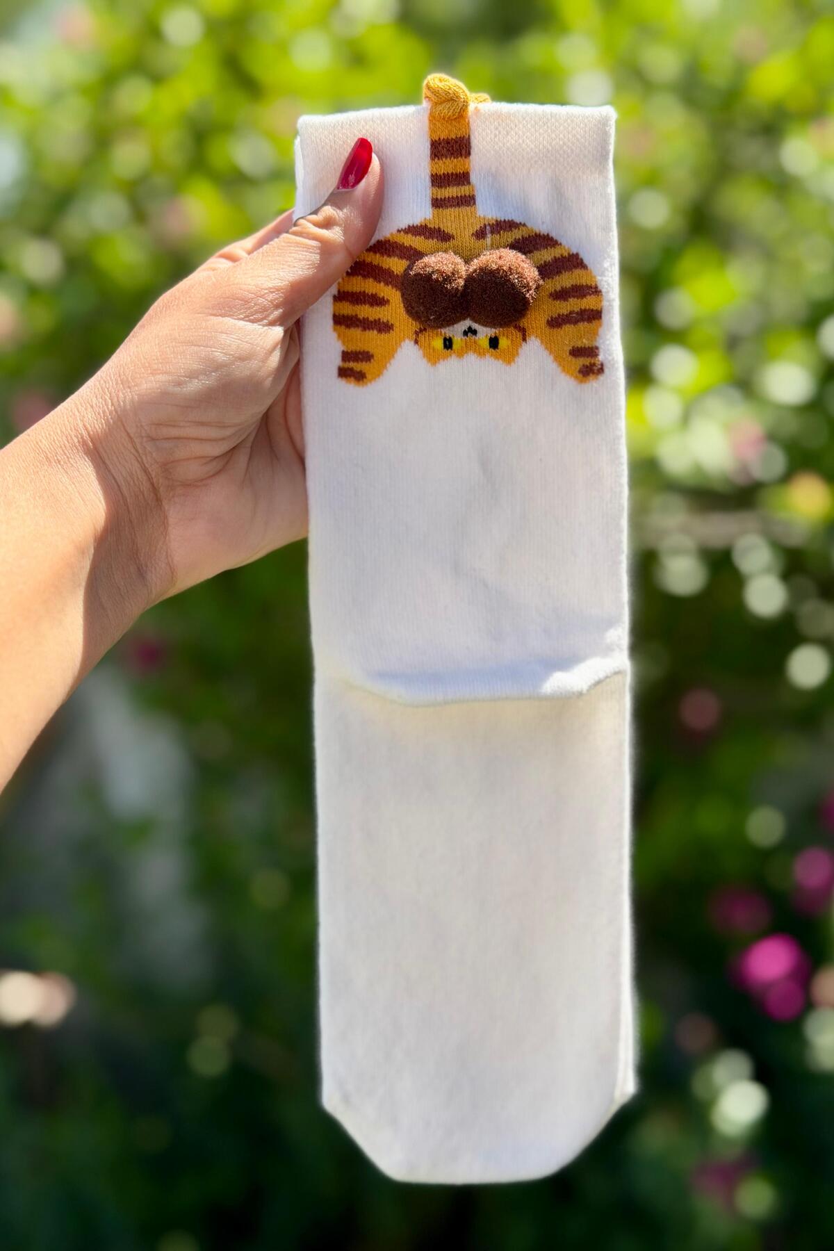 Unisex Kahverengi Ponponlu Kedi Desenli Soket Çorap