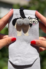 Unisex Gri Dilini Çıkaran Köpek Desenli Ponpon Soket Çorap