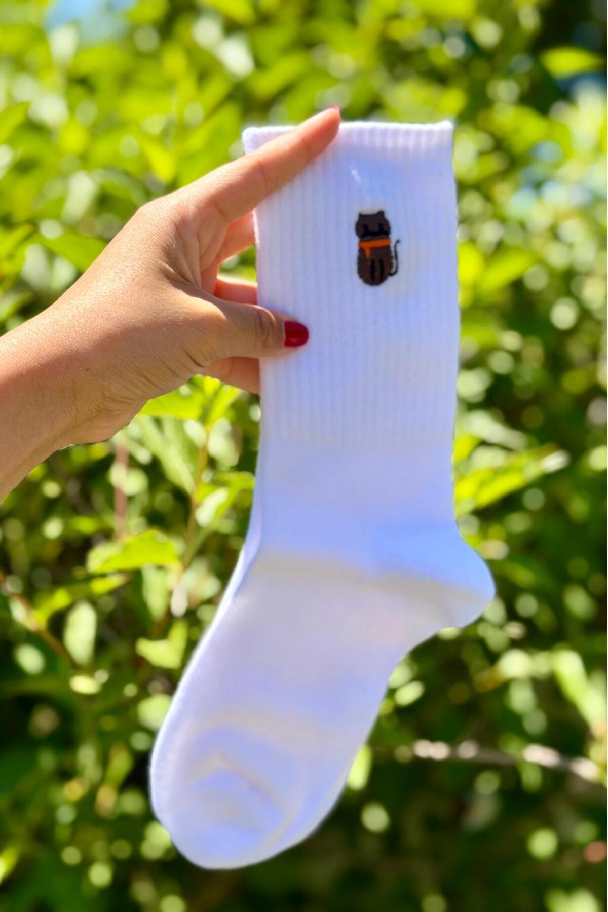 Unisex Kedi ve Penguen Nakışlı 2'li Tenis Spor Çorap