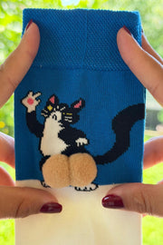 Unisex Mavi Oturan Kedi Desenli Ponpon Soket Çorap