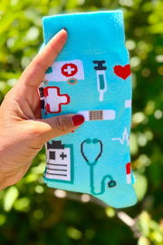 Doktor Hemşire Ambulans Desenli Mavi Soket Çorap