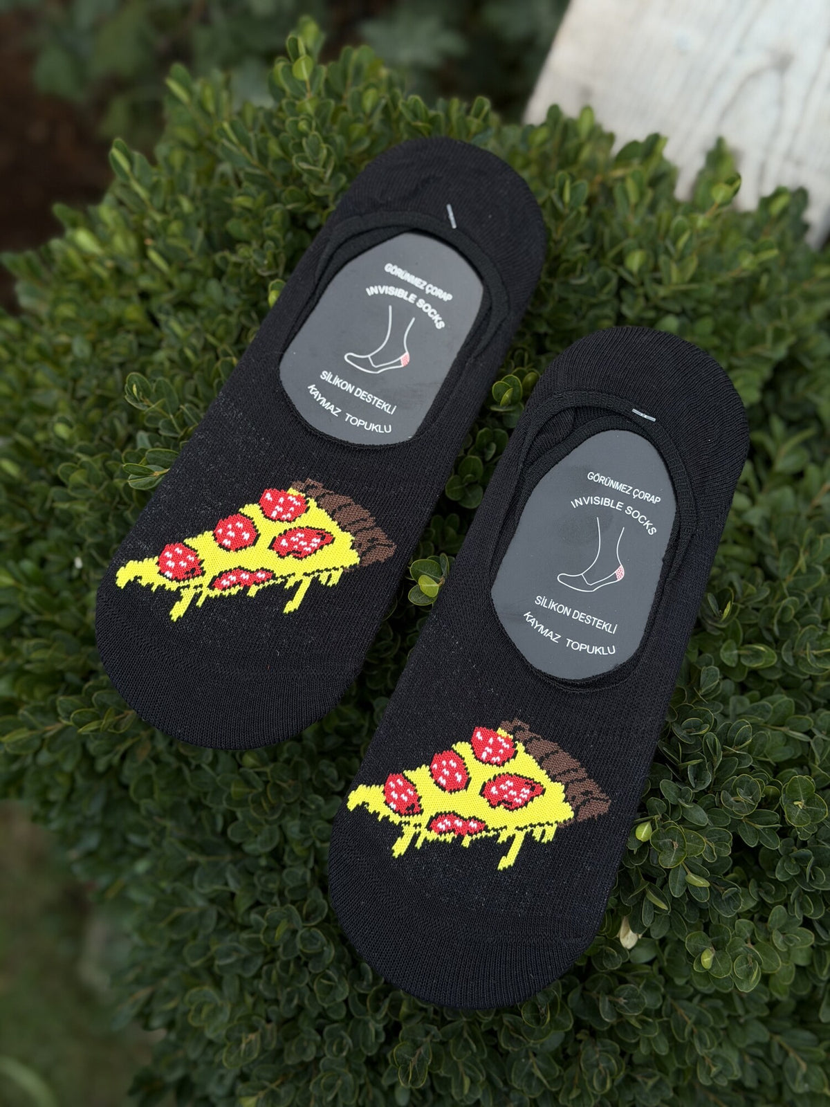 Unisex Pizza Dilim Desenli Siyah Babet Çorap - görsel 1