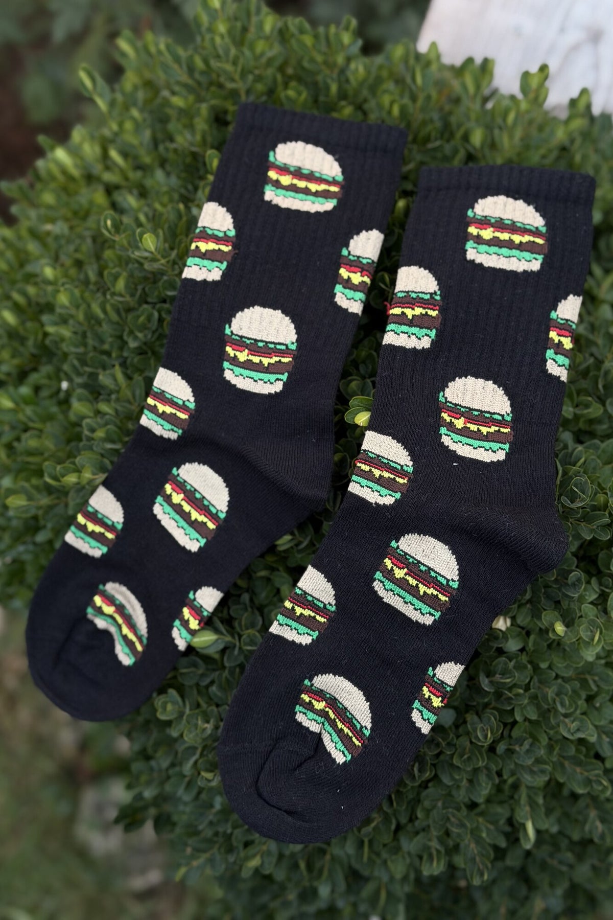 Unisex Hamburger Desenli Siyah Tenis Çorap - görsel 2