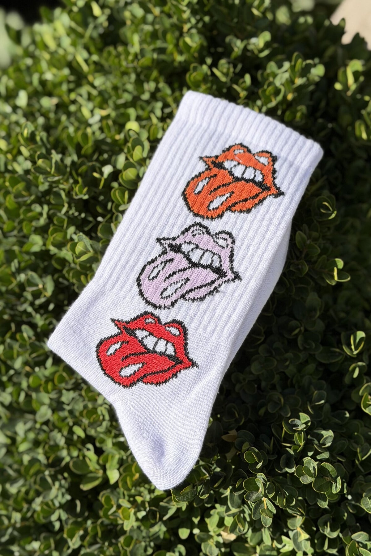 Unisex Dudak ve Dil Desenli Beyaz Tenis Çorap - görsel 1