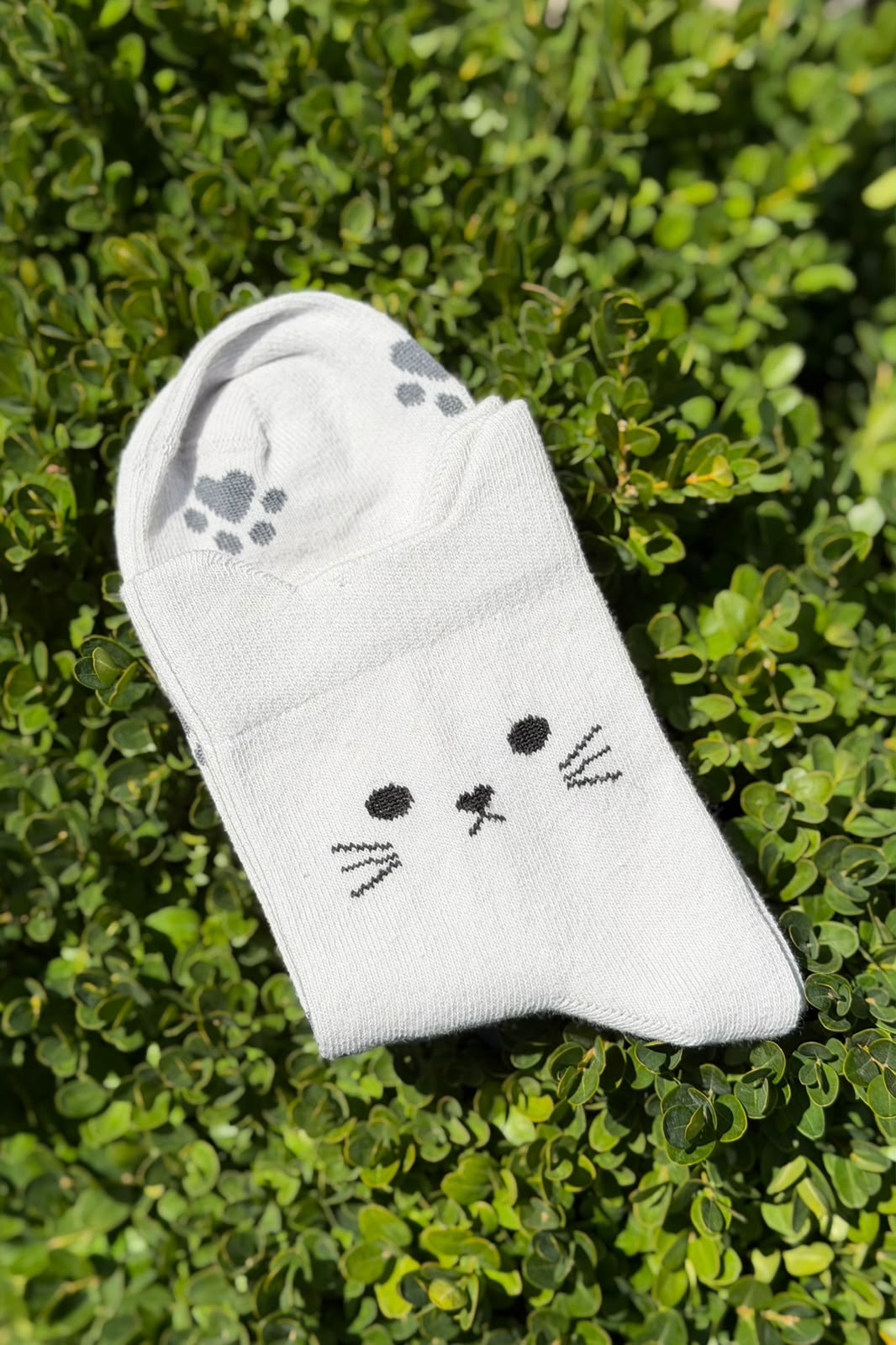 Unisex Kedi Kulaklı Pati Desenli Gri Melanj Soket Çorap - görsel 3