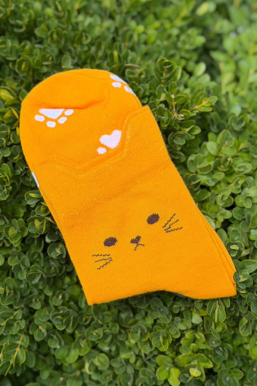 Unisex Kedi Kulaklı Pati Desenli Hardal Sarısı Soket Çorap - görsel 2