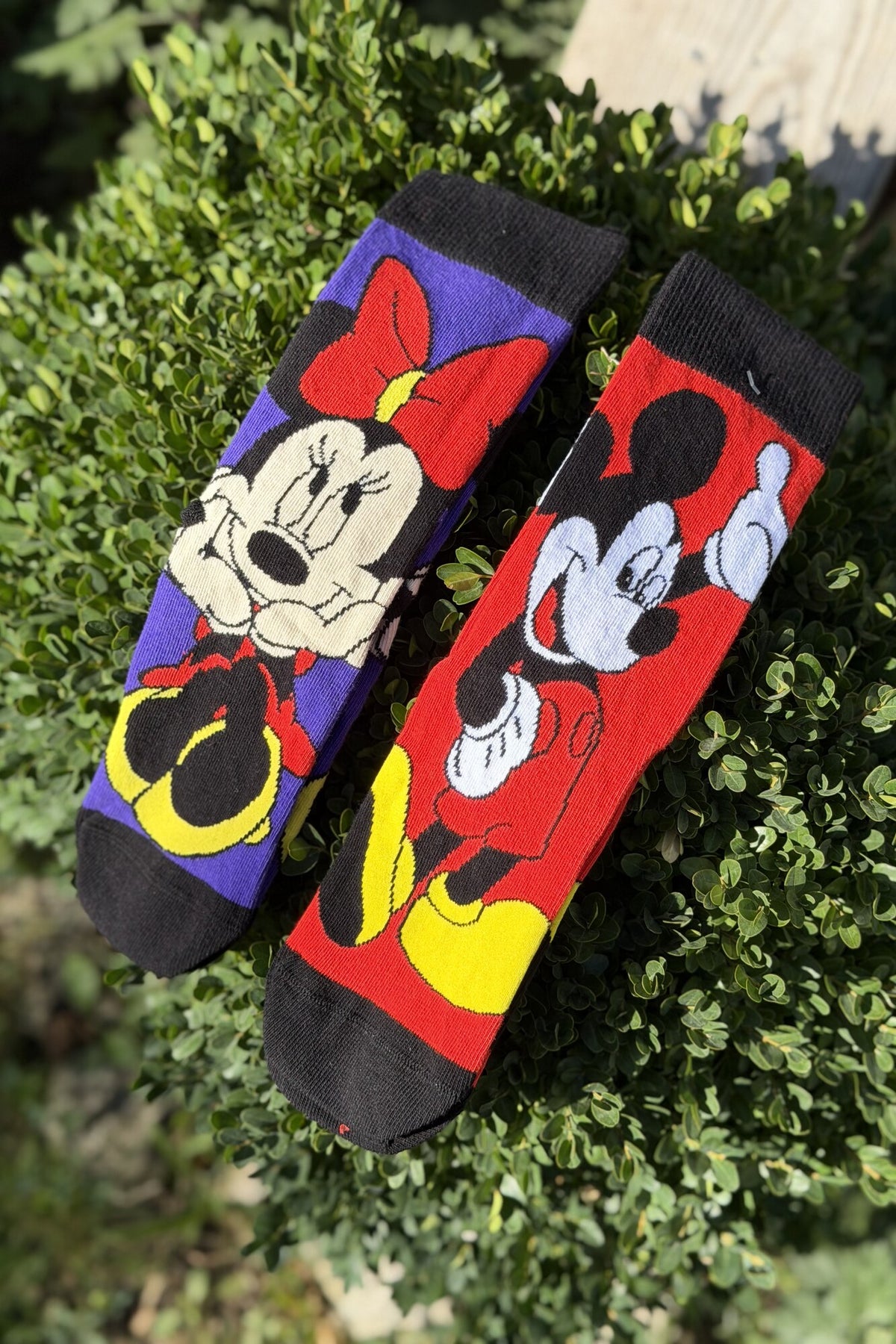 Unisex Mickey ve Minnie Kırmızı Mor 2'li Soket Çorap - görsel 1