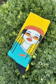 Unisex Sağlı Sollu Rasta Saçlı Kız Desenli Soket Çorap - görsel 1