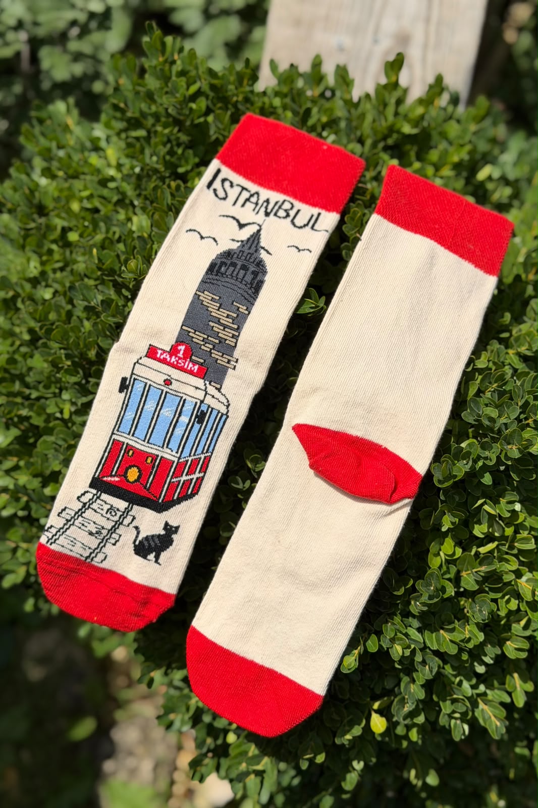 Unisex İstanbul Nostaljik Tramvay Desenli Krem Soket Çorap - görsel 2